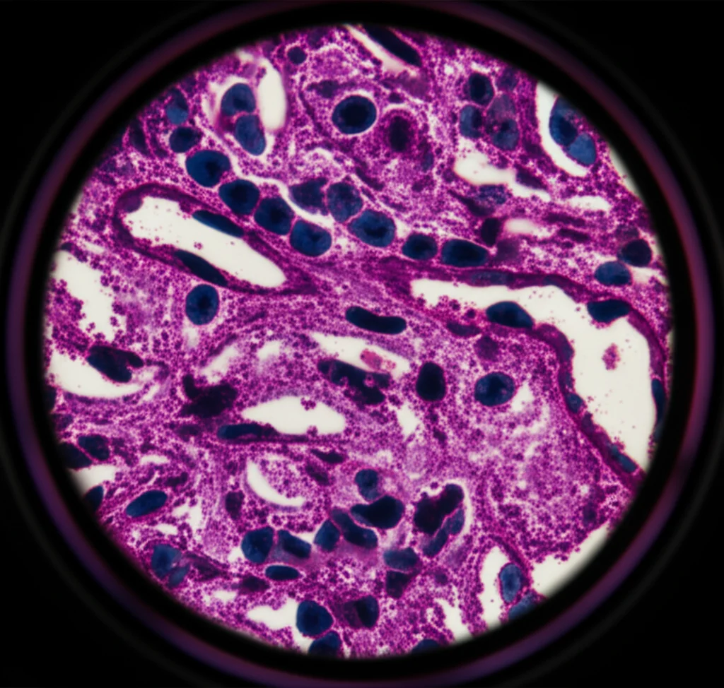 Macro lens, 105mm, high detail, precise focusing, controlled lighting, microscopic view of healthy, proliferating esophageal cells after treatment, showing signs of recovery and reduced damage.