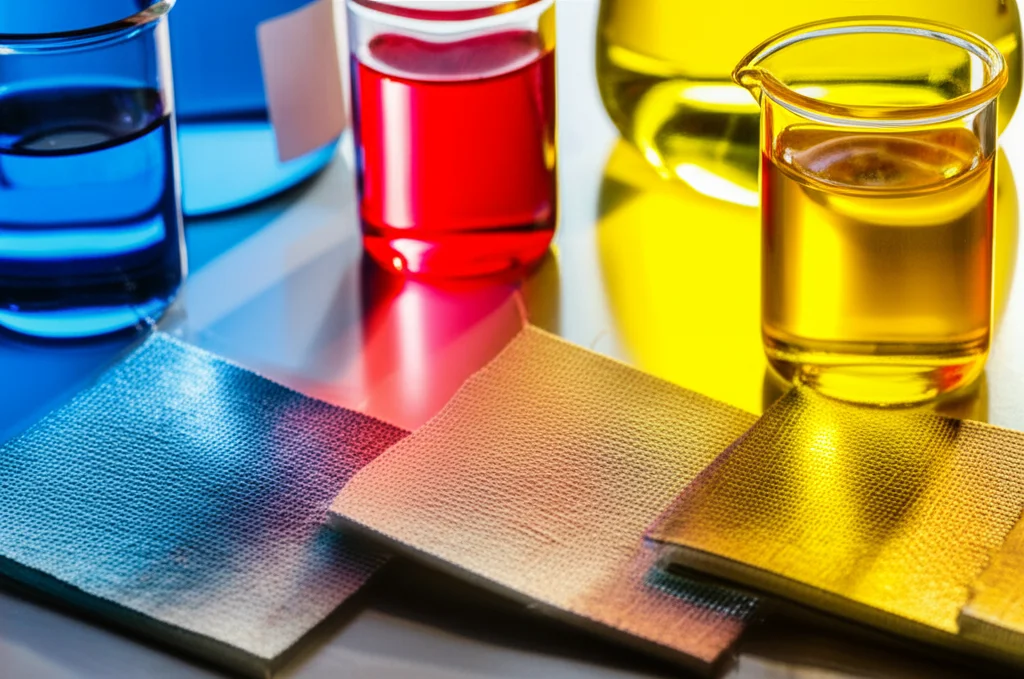 A laboratory setup with beakers containing colored liquids and cotton fabric samples, a macro lens shot at 60mm, precise focusing on the fabric texture, controlled lighting highlighting the color difference.