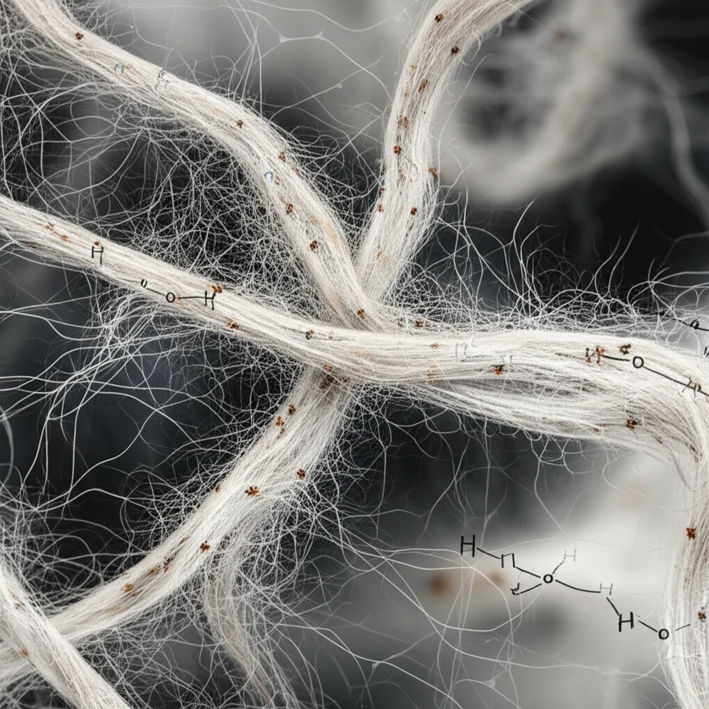 A close-up macro shot of cotton fabric fibers, showing signs of damage and degradation, with abstract representations of broken chemical bonds, high detail and precise focusing.