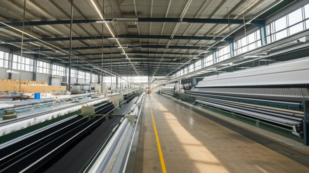 A modern, clean textile factory interior with emphasis on sustainable practices, showing fabric processing machinery and sunlight streaming in, a wide-angle landscape shot at 10mm, sharp focus throughout.
