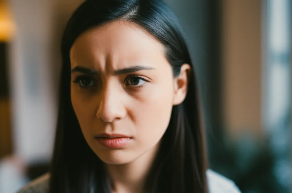 A young woman looking concerned, 35mm portrait, depth of field, symbolizing self-detection.