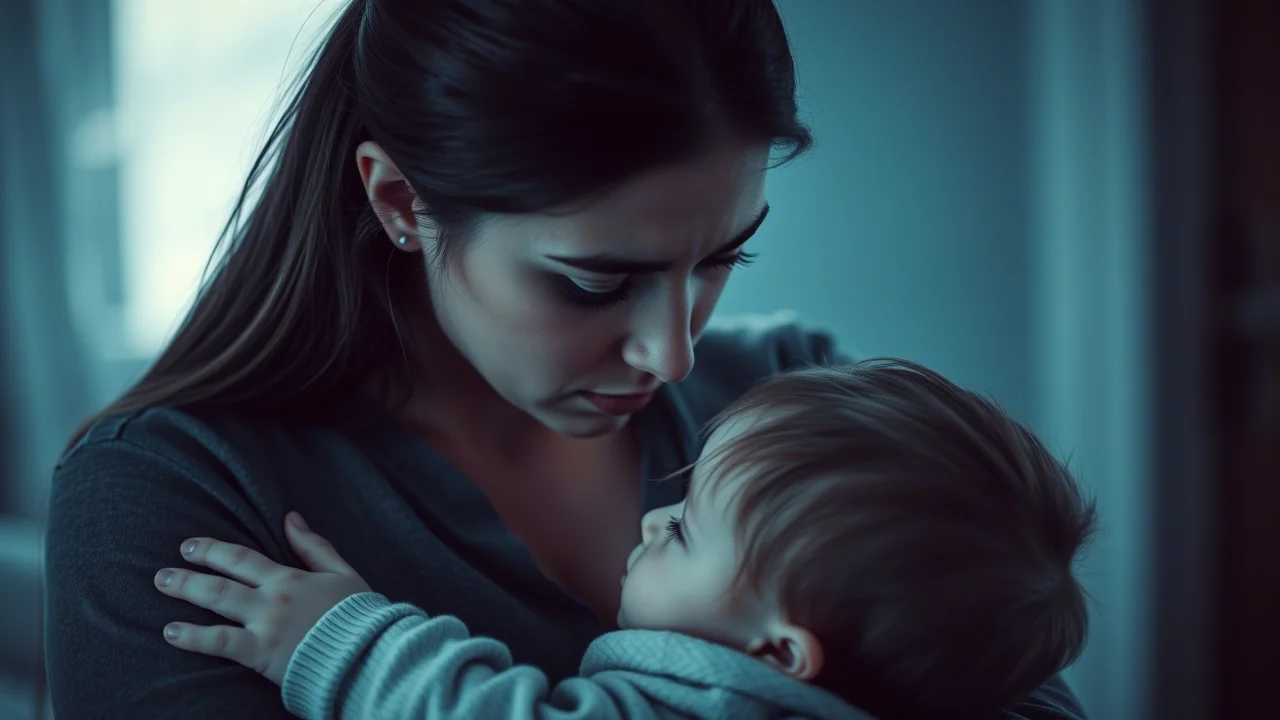 A young mother holding a child, looking worried, 35mm portrait, blue and grey duotones, symbolizing the intersection of parenting and health struggles.