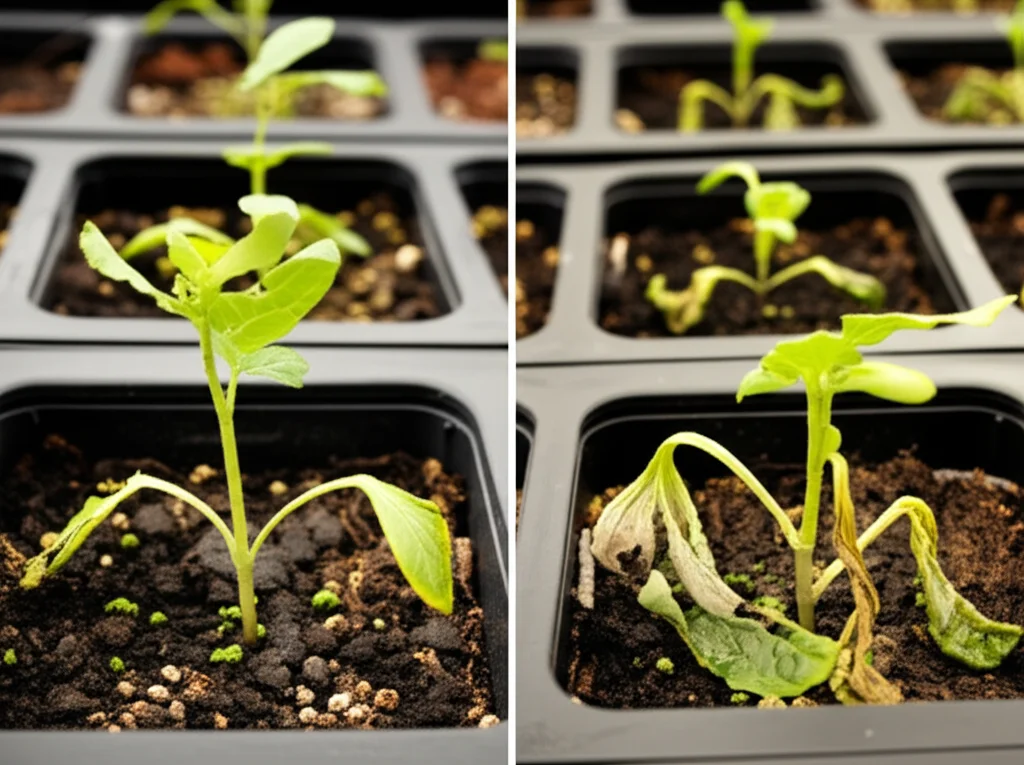 Comparison image showing two sets of potted plant seedlings after heat stress: one set (wild type) looking healthy and green, the other set (mutant) showing significant wilting and damage, macro lens, 100mm, high detail, precise focusing, controlled lighting.
