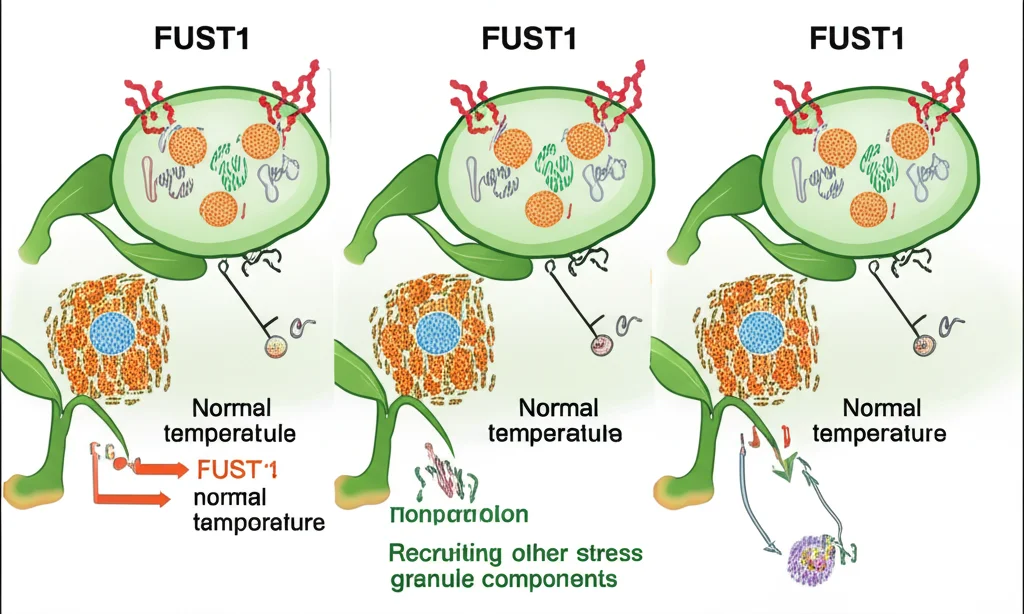 Stylized illustration depicting a plant cell with dispersed FUST1 proteins at normal temperature, transitioning to FUST1 proteins condensing into droplets upon heat increase, then recruiting other stress granule components, high detail.