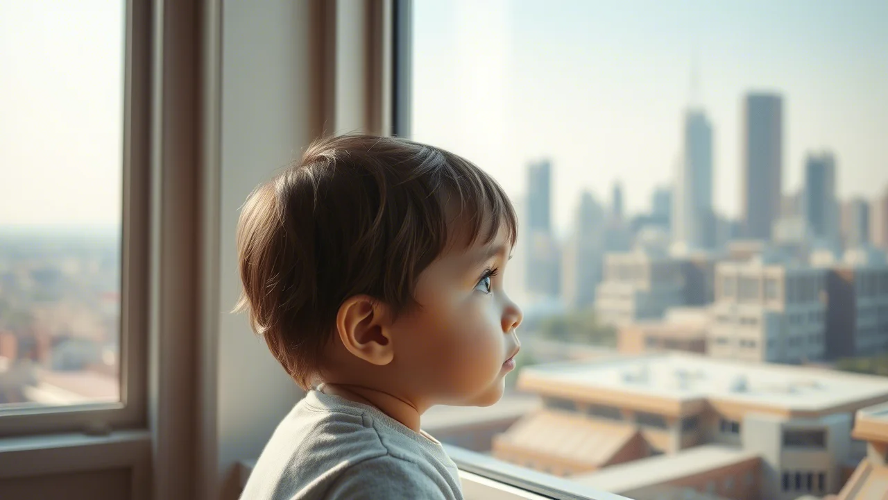 A photorealistic image of a young child looking out a window at a slightly hazy urban skyline, 35mm portrait, depth of field, soft light.