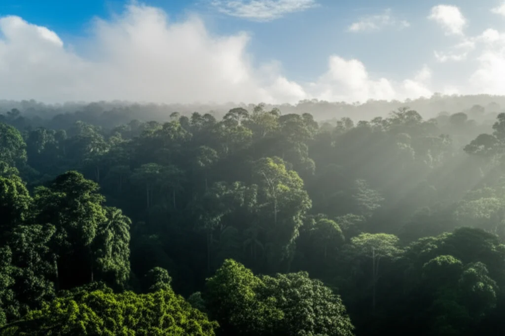 Photorealistic wide-angle landscape shot of a dense tropical rainforest canopy bathed in sunlight, with visible atmospheric haze and scattered clouds above. Use 10mm wide-angle lens, sharp focus, long exposure for clouds.
