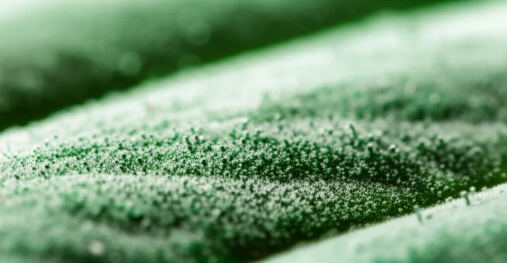 Photorealistic macro shot of tiny aerosol particles forming on a plant leaf, showing high detail and precise focusing under controlled lighting. Use 60mm macro lens.