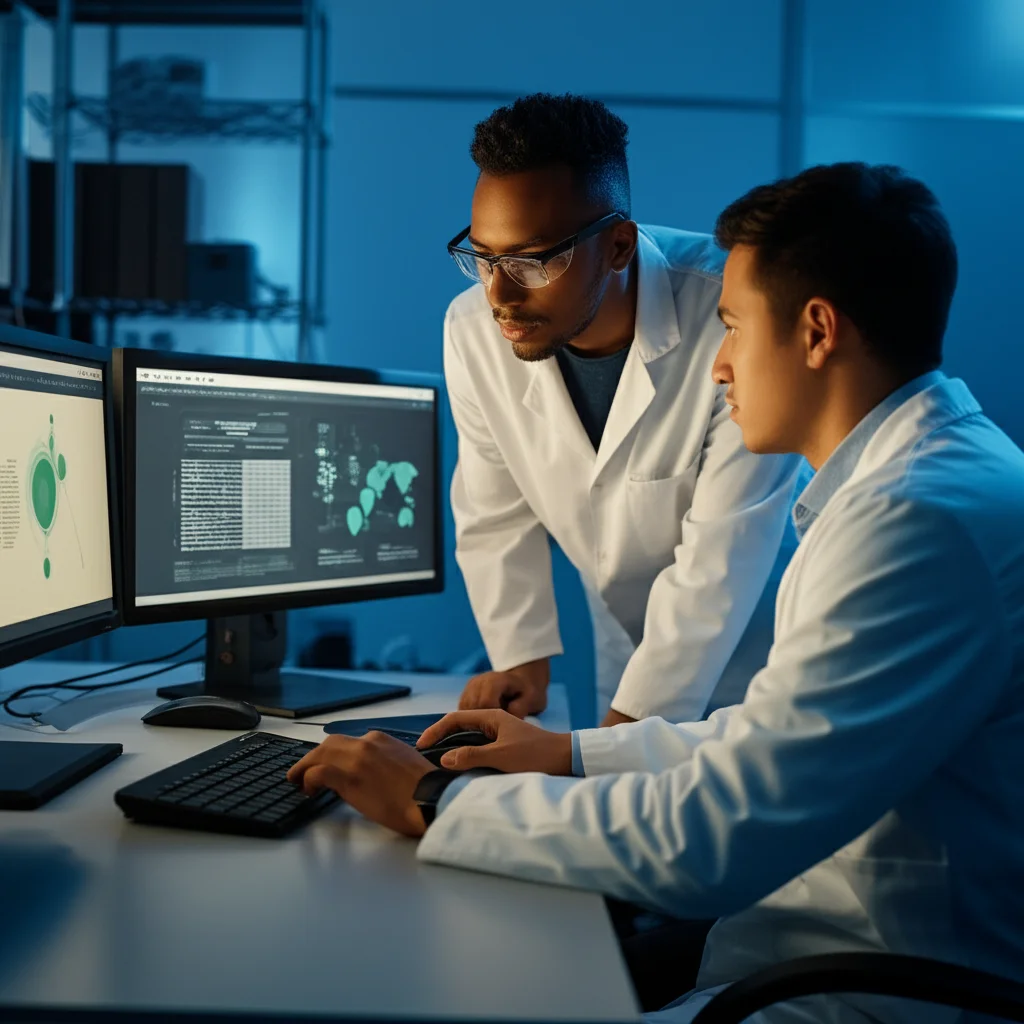 Prompt: Two clinical researchers collaborating in a secure data room, looking at screens displaying complex clinical trial data visualizations, 35mm portrait, depth of field, controlled lighting