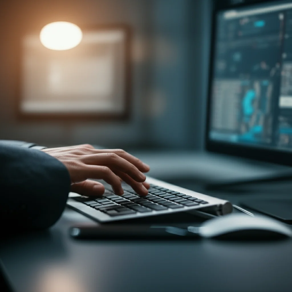 Prompt: A close-up shot of a person's hands typing on a keyboard in a modern office, with blurred clinical data on screens in the background, representing the human element in data processing, 35mm portrait, precise focusing