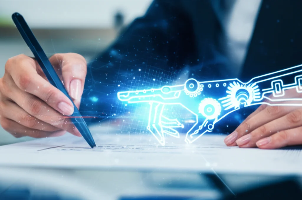A wide-angle landscape shot depicting a stylized representation of human hands and glowing artificial intelligence elements working together on a digital document, symbolizing the integration of AI in academic writing and the future of education, wide-angle 10mm, sharp focus.