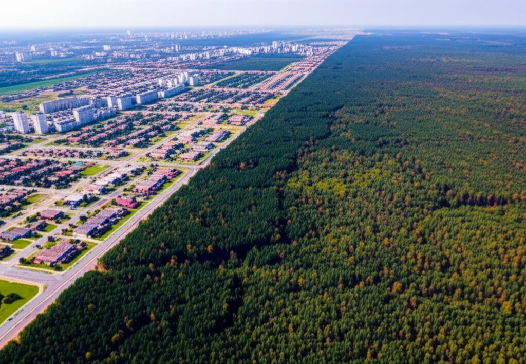 Photorealistic image of urban sprawl encroaching on a forest edge, wide-angle lens, 24mm, sharp focus.