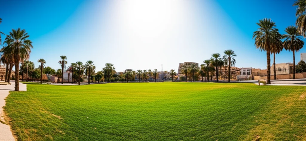 A wide shot of a sunny, fully open communal green space in a hot arid city, showing sparse palm trees in the base case scenario. Landscape wide angle 10mm, long exposure, sharp focus, bright sunlight.