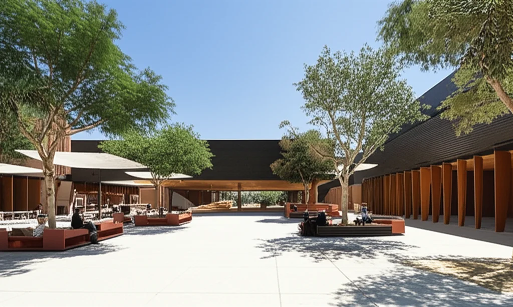 A wide-angle landscape shot of a modern, comfortable urban communal space in a hot arid climate, featuring strategically placed trees providing ample shade and people relaxing. Wide-angle 24mm, sharp focus, high detail, bright sunny day with clear sky.
