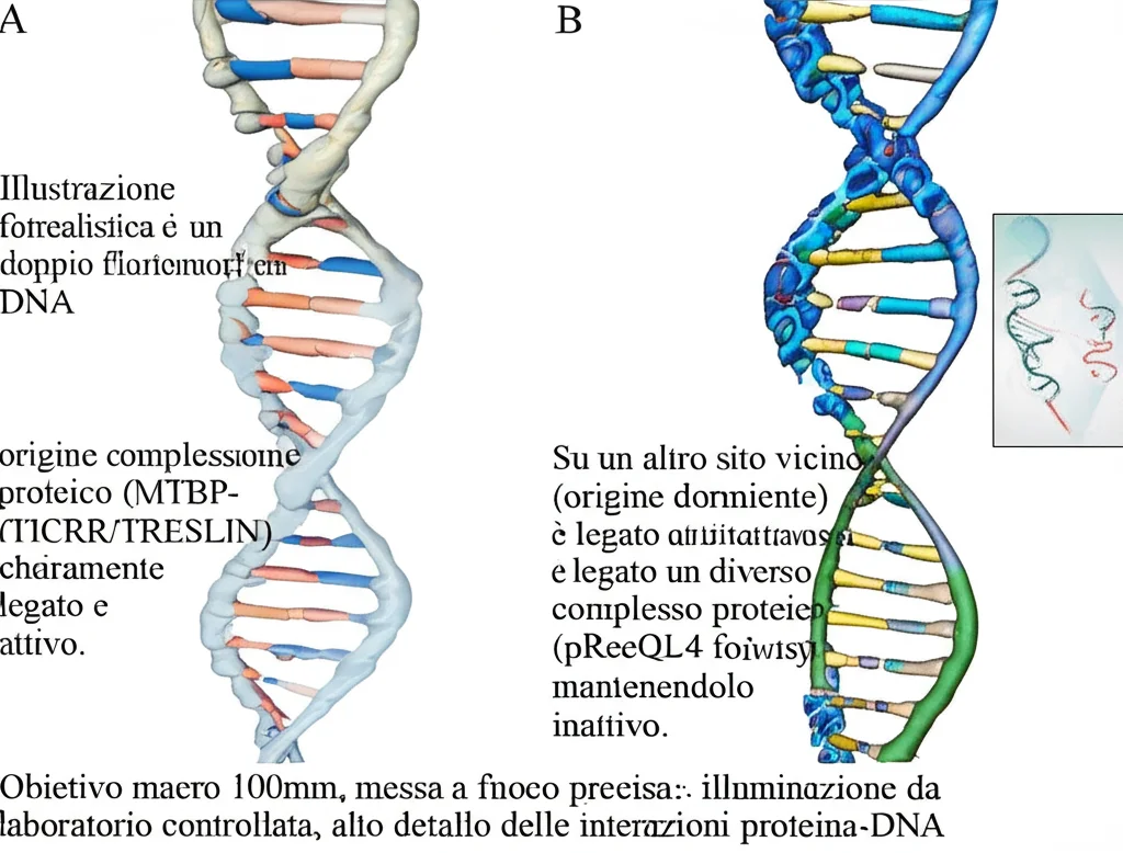 Illustrazione fotorealistica di un doppio filamento di DNA a livello molecolare. Su un sito (origine baseline) è visibile un complesso proteico (MTBP-TICRR/TRESLIN) chiaramente legato e attivo. Su un altro sito vicino (origine dormiente) è legato un diverso complesso proteico (pRecQL4 fosforilata), mantenendolo inattivo. Obiettivo macro 100mm, messa a fuoco precisa, illuminazione da laboratorio controllata, alto dettaglio delle interazioni proteina-DNA.