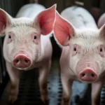 Portrait photography, 35mm portrait, depth of field, charming close-up of several healthy, thriving weanling piglets in a clean pen, looking content and curious.