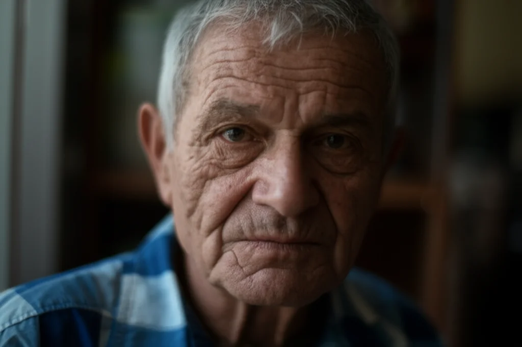 A poignant 35mm portrait of an older adult, capturing the complexities of aging, vulnerability, and resilience, with subtle depth of field.