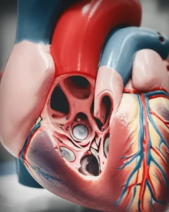 Photorealistic image, prime lens, 35mm, capturing a detailed human heart model with areas subtly highlighted to show aortic stenosis and the impact of diabetes, perhaps with a slightly distressed texture on the myocardium. Duotone effect, deep crimson and cool grey, to convey clinical seriousness yet with a touch of hope. Depth of field focusing on the aortic valve area.