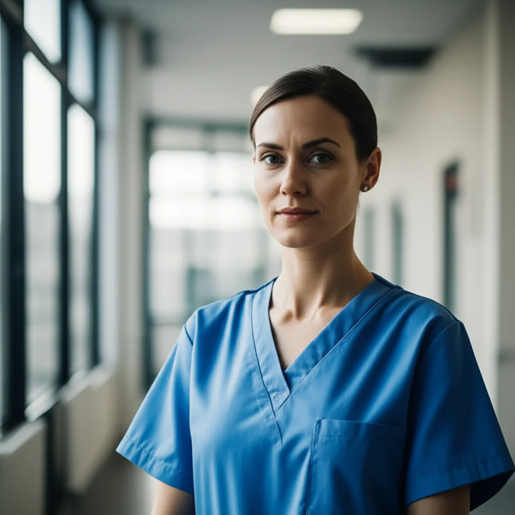 Photorealistic portrait of a confident female head nurse standing in a hospital hallway, 35mm lens, soft lighting, conveying leadership and ethical strength.