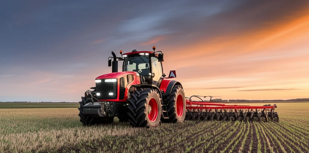 Fotografia grandangolare 24mm di un moderno trattore a guida autonoma che lavora in un vasto campo coltivato al tramonto, cielo con nuvole soffuse da lunga esposizione, focus nitido sul paesaggio agricolo tecnologico.