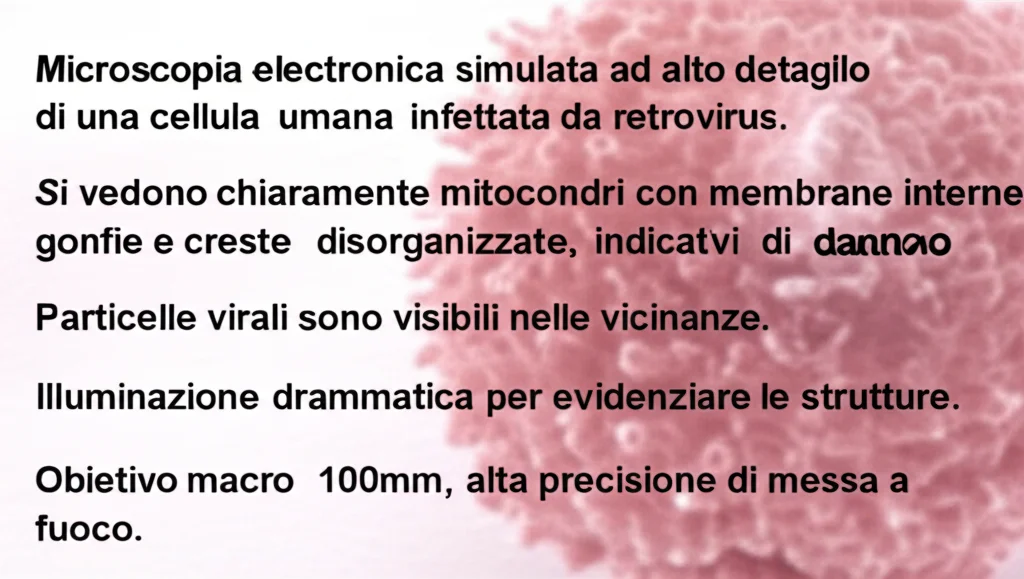 Microscopia elettronica simulata ad alto dettaglio di una cellula umana infettata da retrovirus. Si vedono chiaramente mitocondri con membrane interne gonfie e creste disorganizzate, indicativi di danno. Particelle virali sono visibili nelle vicinanze. Illuminazione drammatica per evidenziare le strutture. Obiettivo macro 100mm, alta precisione di messa a fuoco.