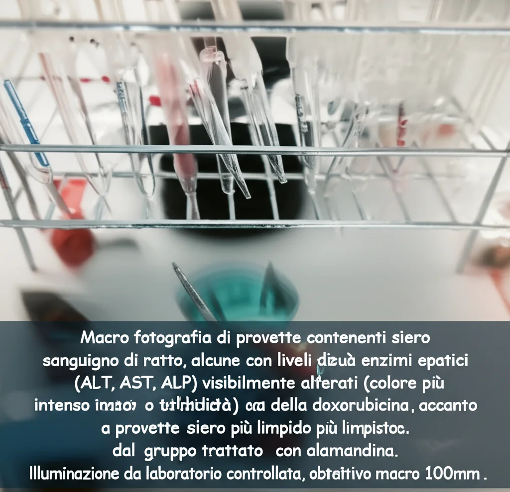 Macro fotografia di provette contenenti siero sanguigno di ratto, alcune con livelli di enzimi epatici (ALT, AST, ALP) visibilmente alterati (colore più intenso o torbidità) a causa della doxorubicina, accanto a provette con siero più limpido dal gruppo trattato con alamandina. Illuminazione da laboratorio controllata, alta risoluzione, obiettivo macro 100mm.