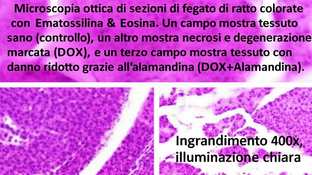 Microscopia ottica di sezioni di fegato di ratto colorate con Ematossilina e Eosina. Un campo mostra tessuto sano (controllo), un altro mostra necrosi e degenerazione marcata (DOX), e un terzo campo mostra tessuto con danno ridotto grazie all'alamandina (DOX+Alamandina). Ingrandimento 400x, illuminazione chiara.