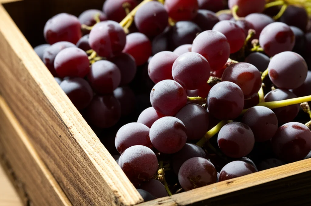 Fotografia macro di grappoli d'uva parzialmente ammuffiti e avvizziti in una cassetta di legno, illuminazione drammatica laterale per enfatizzare il deterioramento. Obiettivo macro 100mm, high detail, precise focusing, controlled lighting.