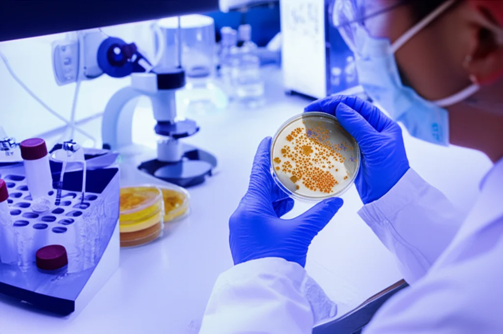 Immagine realistica di un tecnico di laboratorio che esamina delle piastre Petri con colonie batteriche sotto una luce da banco. Focus sulle piastre con diverse densità di colonie. Obiettivo macro 60mm, high detail, precise focusing, controlled lighting.