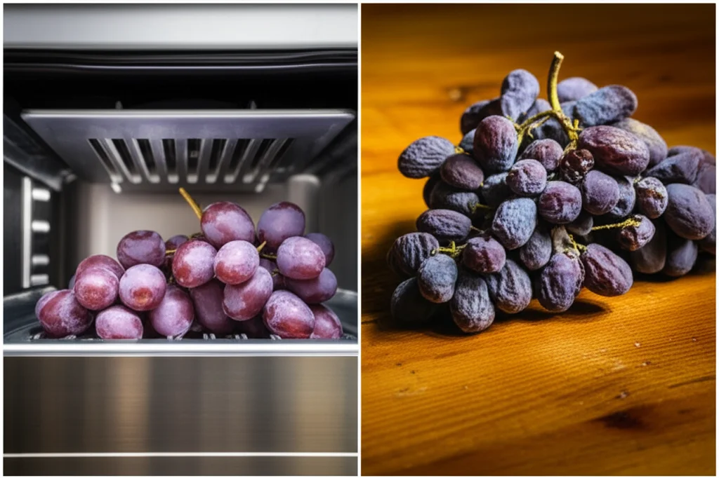 Fotografia comparativa affiancata: a sinistra, un grappolo d'uva fresca e turgida dentro un piccolo contenitore refrigerato con interno metallico; a destra, un grappolo d'uva avvizzito e leggermente ammuffito su un tavolo di legno. Illuminazione neutra da studio. Obiettivo still life 85mm, sharp focus, high detail.