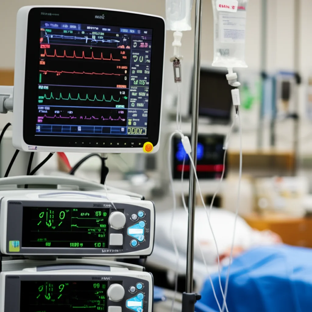 Immagine fotorealistica di un monitor paziente in un'unità di terapia intensiva respiratoria, obiettivo prime 35mm, profondità di campo che sfoca leggermente lo sfondo con personale medico indistinto, illuminazione controllata e soffusa tipica di un ambiente ospedaliero, focus sui grafici vitali che mostrano frequenza cardiaca e saturazione di ossigeno.