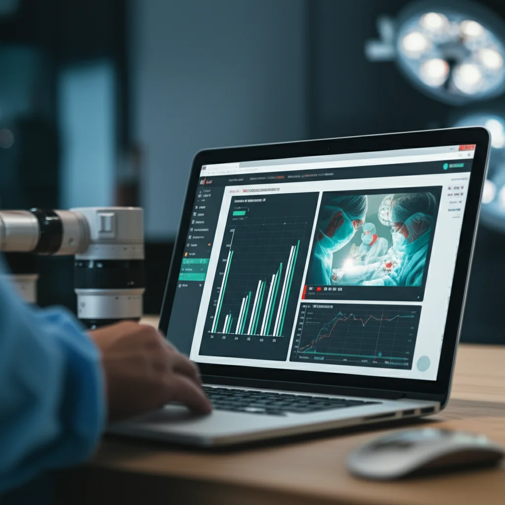 Schermo di un computer portatile che mostra affiancati un video chirurgico TAPP da YouTube e uno da WebSurg, con grafici comparativi sovrapposti. L'ambiente è uno studio medico moderno e luminoso. Obiettivo prime 35mm, profondità di campo, luce naturale controllata.