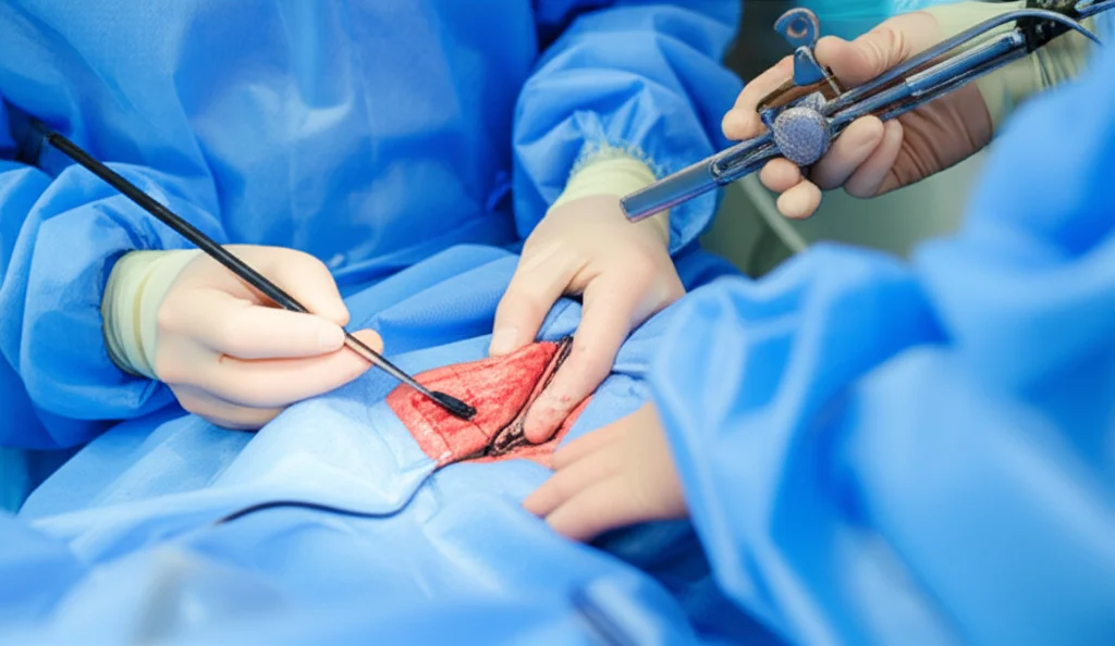 Primo piano di strumenti laparoscopici durante una procedura TAPP, con focus sulla delicata dissezione del peritoneo e l'identificazione delle strutture anatomiche chiave. Immagine ad alta definizione, messa a fuoco precisa. Obiettivo macro 90mm, illuminazione chirurgica intensa e controllata.