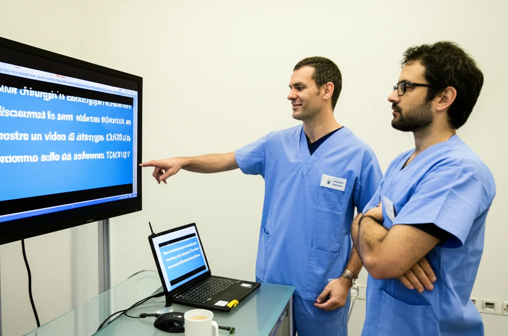 Due chirurghi in camice verde discutono animatamente davanti a uno schermo che mostra un video di chirurgia TAPP, uno indica un dettaglio anatomico sullo schermo. Sala riunioni con luce soffusa, focus sui volti concentrati. Obiettivo zoom 50mm, profondità di campo ridotta.