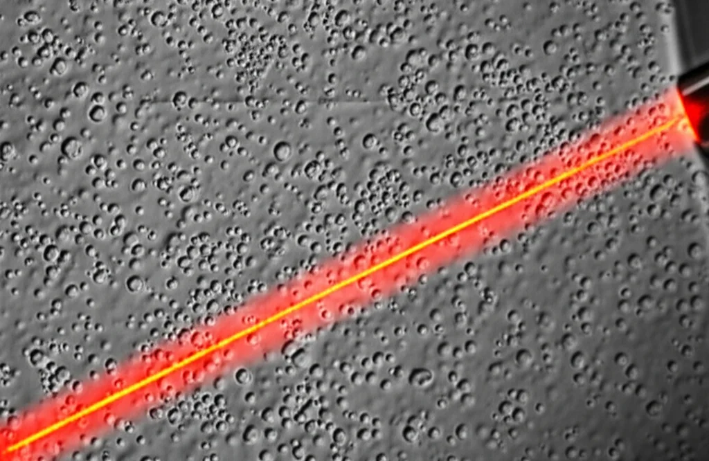 Immagine macro con obiettivo da 60mm di nanoparticelle di ossido di grafene (nGO e nGO-PEG) sospese in un mezzo di coltura cellulare, illuminate da un fascio laser nel vicino infrarosso (808nm). Si nota un leggero aumento della temperatura nel campione con nGO-PEG. Dettaglio elevato, illuminazione controllata, messa a fuoco precisa sulle particelle.