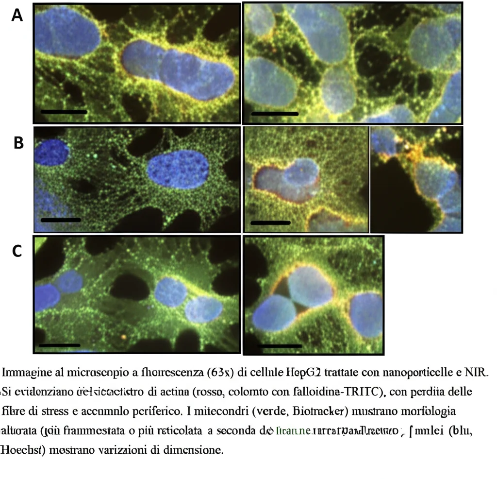 Immagine al microscopio a fluorescenza (63x) di cellule HepG2 trattate con nanoparticelle e NIR. Si evidenziano alterazioni del citoscheletro di actina (rosso, colorato con falloidina-TRITC), con perdita delle fibre di stress e accumulo periferico. I mitocondri (verde, Biotracker) mostrano morfologia alterata (più frammentata o più reticolata a seconda del trattamento). I nuclei (blu, Hoechst) mostrano variazioni di dimensione.