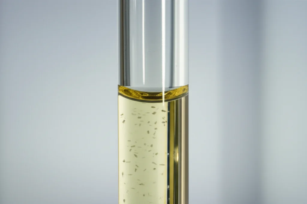 Fotografia macro (obiettivo 100mm) di un campione di vino bianco leggermente torbido in una provetta da laboratorio, illuminazione controllata per evidenziare le particelle sospese, alta definizione, focus sulle particelle proteiche aggregate.