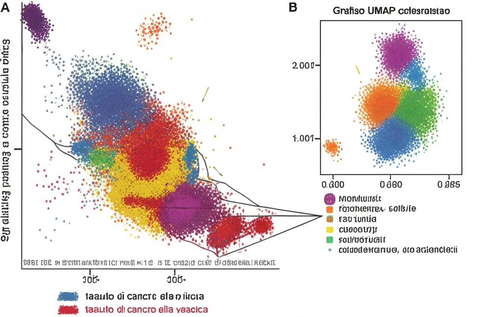 Grafico UMAP colorato che mostra cluster distinti di cellule identificate tramite sequenziamento a singola cellula (scRNA-seq) da tessuto di cancro alla vescica. Ogni punto rappresenta una cellula, colori diversi indicano tipi cellulari differenti (fibroblasti, cellule T, cellule tumorali). Visualizzazione dati scientifici, alta risoluzione, focus nitido.