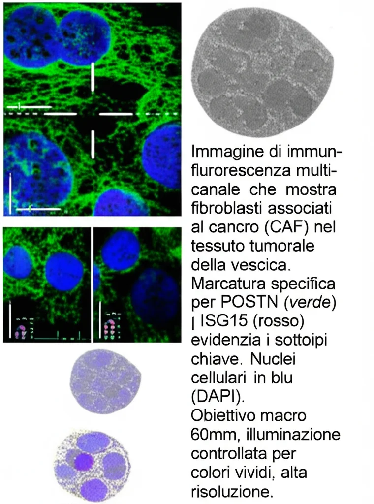 Immagine di immunofluorescenza multi-canale che mostra fibroblasti associati al cancro (CAF) nel tessuto tumorale della vescica. Marcatura specifica per POSTN (verde) e ISG15 (rosso) evidenzia i sottotipi chiave. Nuclei cellulari in blu (DAPI). Obiettivo macro 60mm, illuminazione controllata per colori vividi, alta risoluzione.
