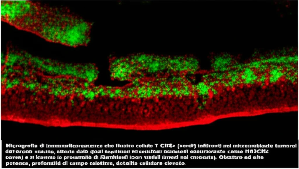 Micrografia di immunofluorescenza che illustra cellule T CD8+ (verdi) infiltranti nel microambiente tumorale del cancro alla vescica, alcune delle quali esprimono marcatori di esaurimento come HAVCR2 (rosso) e si trovano in prossimità di fibroblasti (non visibili ma implicati nel contesto). Obiettivo ad alta potenza, profondità di campo selettiva, dettaglio cellulare elevato.