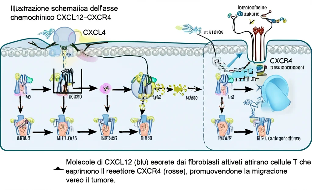 Illustrazione schematica dell'asse chemochinico CXCL12-CXCR4. Molecole di CXCL12 (blu) secrete dai fibroblasti attivati attirano cellule T che esprimono il recettore CXCR4 (rosse), promuovendone la migrazione verso il tumore. Rappresentazione scientifica chiara, focus sull'interazione molecolare.