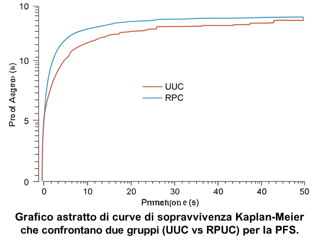 Grafico astratto di curve di sopravvivenza Kaplan-Meier che confrontano due gruppi (UUC vs RPUC) per la PFS. Prime lens, 50mm, sfondo pulito, focus sui dati visualizzati, colori contrastanti per le curve.