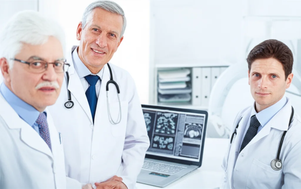 Medico urologo che discute i risultati di una scansione TC con un paziente anziano in uno studio medico luminoso. Prime lens, 35mm, profondità di campo per includere entrambi i soggetti, espressioni empatiche, luce naturale dalla finestra.