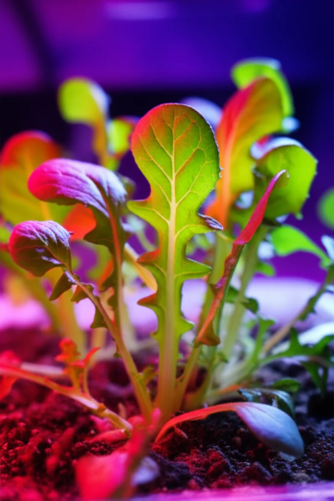 Macro fotografia di giovani piantine di lattuga baby greens, varietà rosse e verdi miste, che crescono sotto diverse luci LED colorate (bagliori visibili di rosso, blu, bianco) in un ambiente di coltivazione indoor. Alto dettaglio, messa a fuoco precisa, illuminazione controllata, obiettivo macro 60mm.