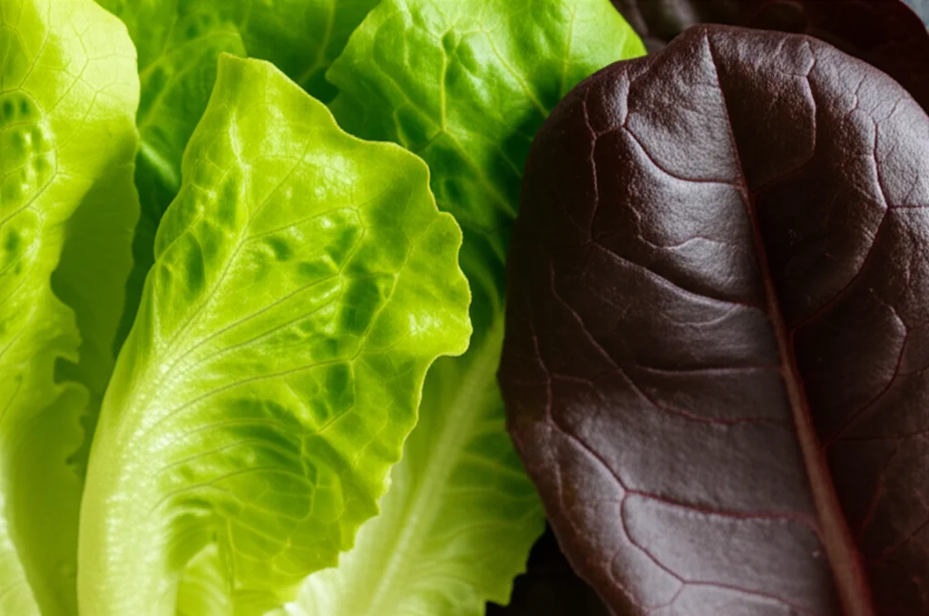 Fotografia macro comparativa di una foglia di lattuga baby green vibrante e una foglia di lattuga baby rossa intensa, affiancate per evidenziare le differenze di pigmento. Messa a fuoco precisa, alto dettaglio, illuminazione controllata, obiettivo macro 100mm.