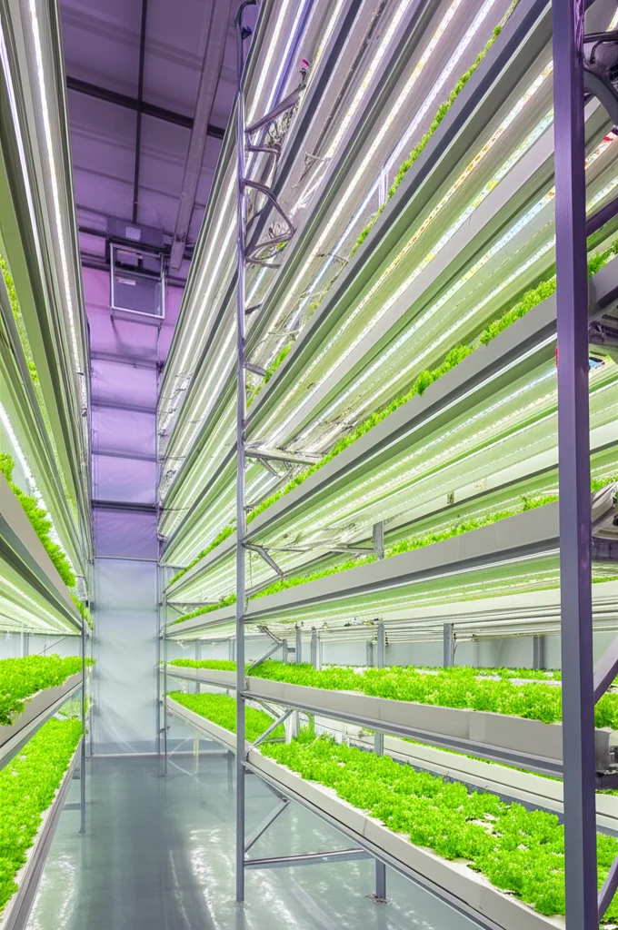 Vista grandangolare di una moderna fattoria verticale indoor con scaffalature di lattuga che crescono sotto un'illuminazione LED ottimizzata. Messa a fuoco nitida, ambiente controllato visibile, obiettivo grandangolare 24mm.