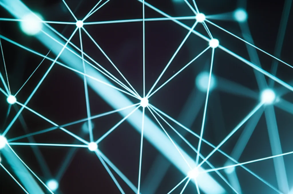 Close-up macro shot, 90mm lens, di intricate linee luminose che collegano nodi su uno sfondo scuro, rappresentando una complessa rete Bayesiana, alto dettaglio, illuminazione controllata.