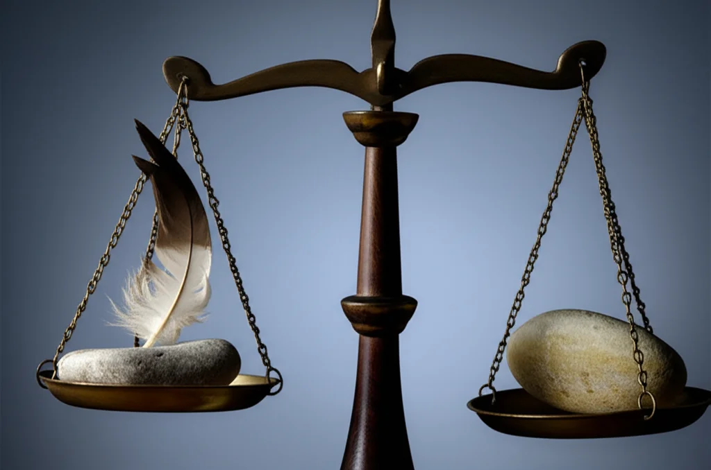 Still life fotorealistico, obiettivo macro 70mm, alto dettaglio, che mostra una bilancia perfettamente equilibrata con pesi su entrambi i lati, ma un lato ha oggetti non corrispondenti e contrastanti (ad esempio, una piuma e una piccola pietra) che cercano di bilanciare un singolo oggetto sull'altro lato, illuminazione controllata.