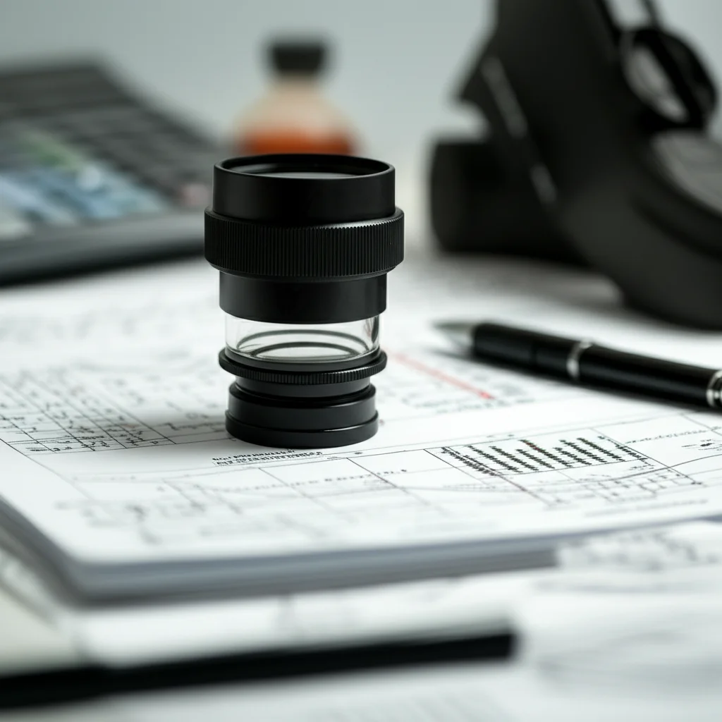 Scrivania di uno scienziato forense, obiettivo macro 100mm, alto dettaglio, messa a fuoco precisa, che mostra una lente d'ingrandimento su prove frammentate (come fibre o impronte di scarpe) accanto a diagrammi complessi e note sotto illuminazione controllata.
