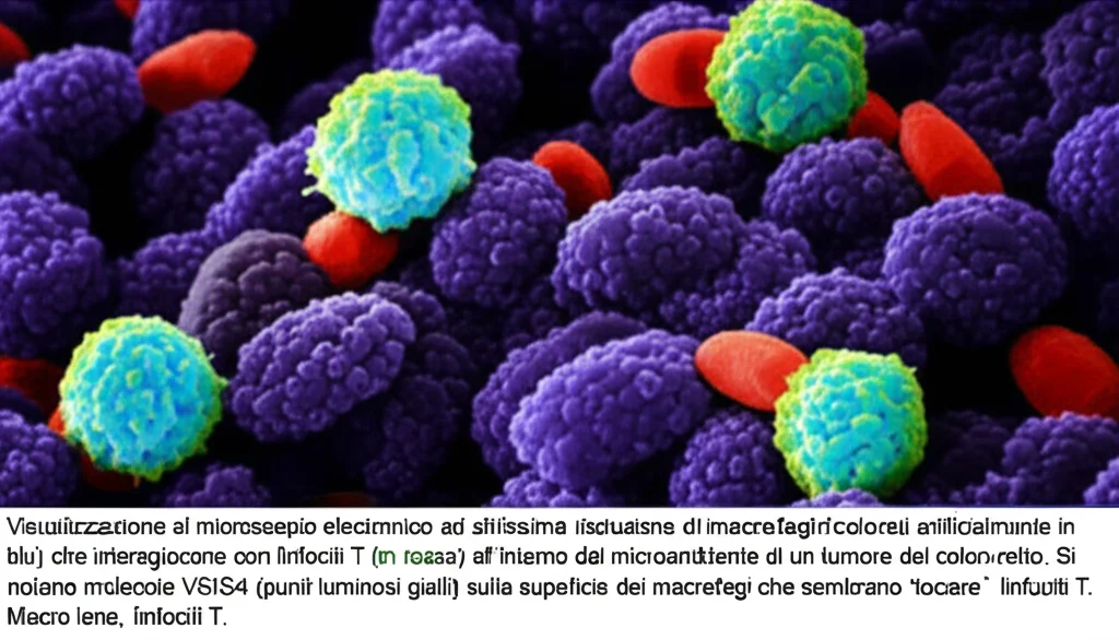 Visualizzazione al microscopio elettronico ad altissima risoluzione di macrofagi (colorati artificialmente in blu) che interagiscono con linfociti T (in rosso) all'interno del microambiente di un tumore del colon-retto. Si notano molecole VSIG4 (punti luminosi gialli) sulla superficie dei macrofagi che sembrano 'toccare' i linfociti T. Macro lens, 100mm, high detail, precise focusing, controlled lighting.