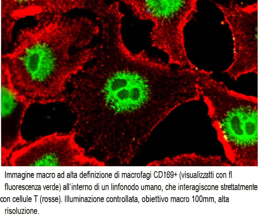 Immagine macro ad alta definizione di macrofagi CD169+ (visualizzati con fluorescenza verde) all'interno di un linfonodo umano, che interagiscono strettamente con cellule T (rosse). Illuminazione controllata, obiettivo macro 100mm, alta risoluzione.